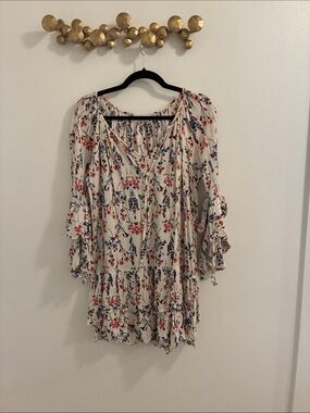 Cream Floral Tie-Neck Tiered Tunic
